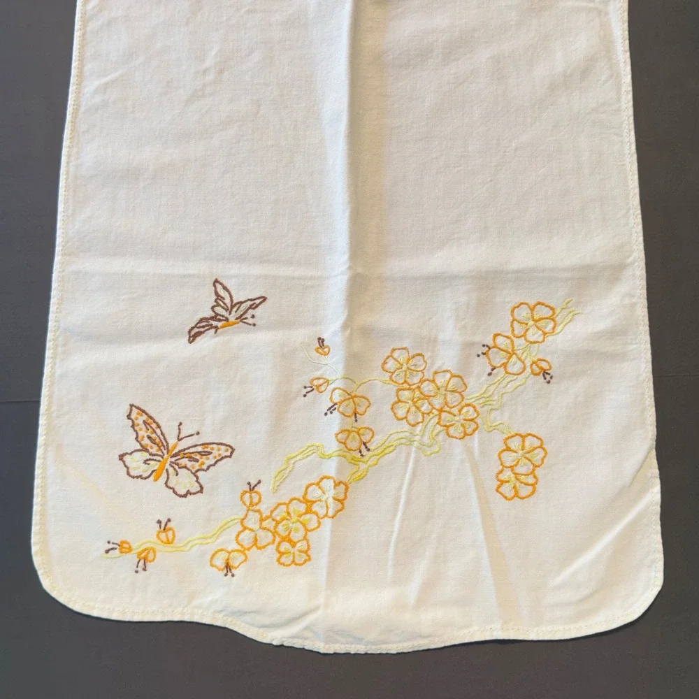 Vintage Embroidered Table Runner Beige Linen Yellow Floral Butterfly 36x15.5